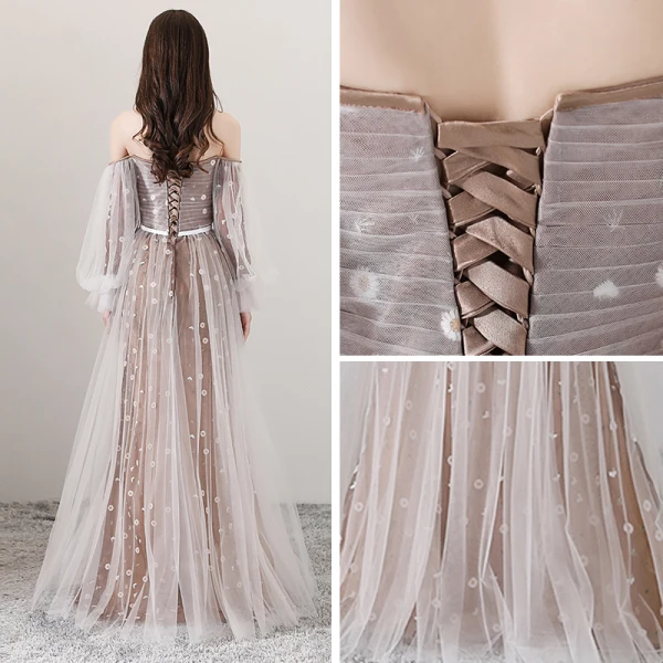 Elegant Brown Evening Dresses  2018 A-Line / Princess Off-The-Shoulder Long Sleeve Appliques Flower Sash Floor-Length / Long Ruffle Backless Formal Dresses