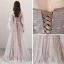 Elegant Brown Evening Dresses  2018 A-Line / Princess Off-The-Shoulder Long Sleeve Appliques Flower Sash Floor-Length / Long Ruffle Backless Formal Dresses