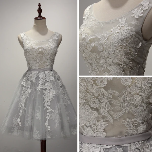 Chic / Beautiful Grey Bridesmaid Dresses 2017 A-Line / Princess Scoop Neck Sleeveless Appliques Lace Glitter Tulle Short Ruffle Backless Wedding Party Dresses