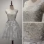 Chic / Beautiful Grey Bridesmaid Dresses 2017 A-Line / Princess Scoop Neck Sleeveless Appliques Lace Glitter Tulle Short Ruffle Backless Wedding Party Dresses