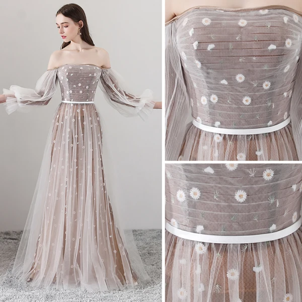 Elegant Brown Evening Dresses  2018 A-Line / Princess Off-The-Shoulder Long Sleeve Appliques Flower Sash Floor-Length / Long Ruffle Backless Formal Dresses