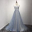 Chic / Belle Bleu Ciel Champagne Robe De Soirée 2017 Princesse Bustier Sans Manches Perlage Faux Diamant Appliques En Dentelle Tribunal Train Volants Dos Nu Robe De Ceremonie