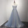 Chic / Beautiful Sky Blue Champagne Evening Dresses  2017 A-Line / Princess Strapless Sleeveless Beading Rhinestone Appliques Lace Court Train Ruffle Backless Formal Dresses