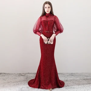 Bling Bling Bordeaux Transparentes Robe De Soirée 2018 Princesse Col Haut Manches Longues Perlage Noeud Ceinture Tribunal Train Robe De Ceremonie