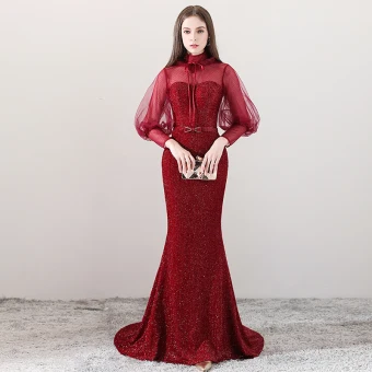 Bling Bling Burgundy See Through Evening Dresses 2018 A Line Princess High Neck Long Sleeve Beading Bow Sash Court Train Formal Dresses