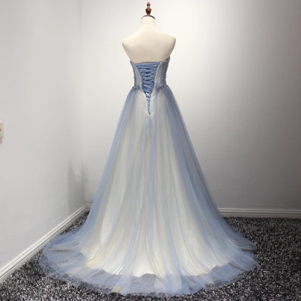 Chic / Belle Bleu Ciel Champagne Robe De Soirée 2017 Princesse Bustier Sans Manches Perlage Faux Diamant Appliques En Dentelle Tribunal Train Volants Dos Nu Robe De Ceremonie