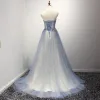 Chic / Beautiful Sky Blue Champagne Evening Dresses  2017 A-Line / Princess Strapless Sleeveless Beading Rhinestone Appliques Lace Court Train Ruffle Backless Formal Dresses