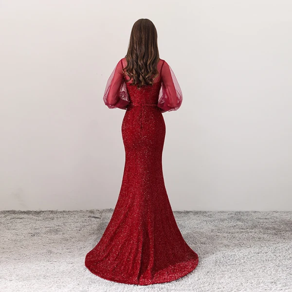 Bling Bling Bordeaux Transparentes Robe De Soirée 2018 Princesse Col Haut Manches Longues Perlage Noeud Ceinture Tribunal Train Robe De Ceremonie