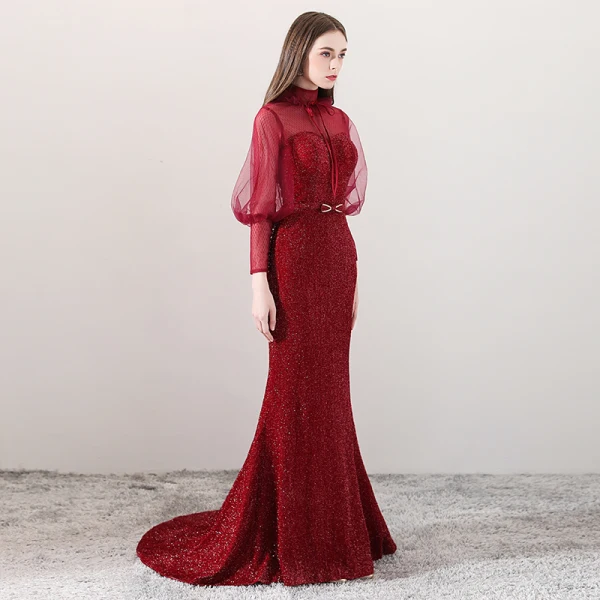 Bling Bling Bordeaux Transparentes Robe De Soirée 2018 Princesse Col Haut Manches Longues Perlage Noeud Ceinture Tribunal Train Robe De Ceremonie