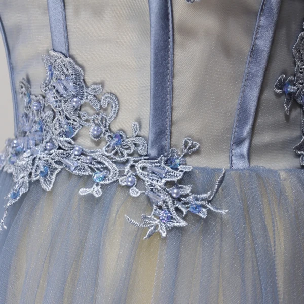 Chic / Belle Bleu Ciel Champagne Robe De Soirée 2017 Princesse Bustier Sans Manches Perlage Faux Diamant Appliques En Dentelle Tribunal Train Volants Dos Nu Robe De Ceremonie