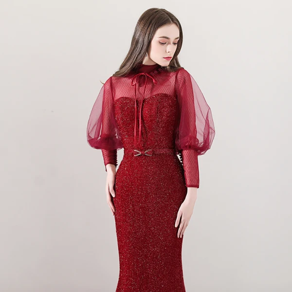 Bling Bling Bordeaux Transparentes Robe De Soirée 2018 Princesse Col Haut Manches Longues Perlage Noeud Ceinture Tribunal Train Robe De Ceremonie
