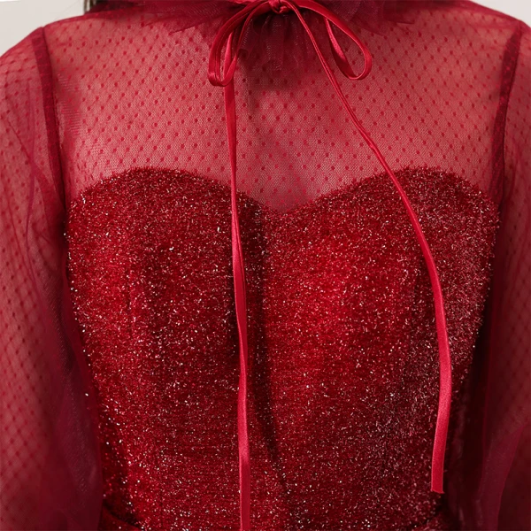 Bling Bling Bordeaux Transparentes Robe De Soirée 2018 Princesse Col Haut Manches Longues Perlage Noeud Ceinture Tribunal Train Robe De Ceremonie