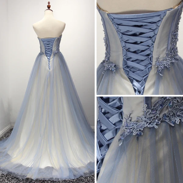 Chic / Belle Bleu Ciel Champagne Robe De Soirée 2017 Princesse Bustier Sans Manches Perlage Faux Diamant Appliques En Dentelle Tribunal Train Volants Dos Nu Robe De Ceremonie