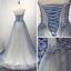 Chic / Belle Bleu Ciel Champagne Robe De Soirée 2017 Princesse Bustier Sans Manches Perlage Faux Diamant Appliques En Dentelle Tribunal Train Volants Dos Nu Robe De Ceremonie