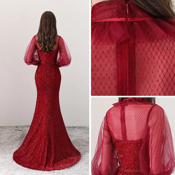 Bling Bling Bordeaux Transparentes Robe De Soirée 2018 Princesse Col Haut Manches Longues Perlage Noeud Ceinture Tribunal Train Robe De Ceremonie