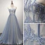 Chic / Belle Bleu Ciel Champagne Robe De Soirée 2017 Princesse Bustier Sans Manches Perlage Faux Diamant Appliques En Dentelle Tribunal Train Volants Dos Nu Robe De Ceremonie