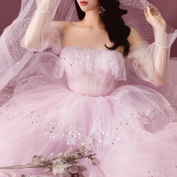 Charmant Rougissant Rose Paillettes Robe De Bal 2022 Princesse Bustier Sans Manches Dos Nu Volants en Cascade Longue Robe De Ceremonie
