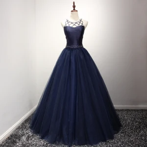 Moderne Mode Bleu Marine Robe De Bal 2017 Encolure Dégagée Sans Manches Dos Nu Bretelles Croisées Cristal Perle Faux Diamant Longue Robe Boule Volants Percé Robe De Ceremonie
