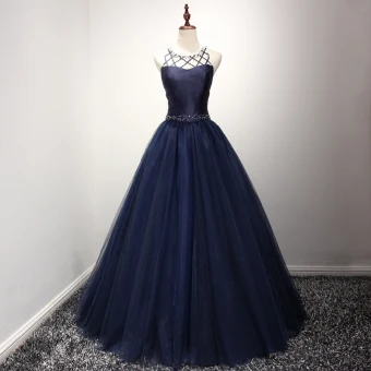 Moderne Mode Bleu Marine Robe De Bal 2017 Encolure Dégagée Sans Manches Dos Nu Bretelles Croisées Cristal Perle Faux Diamant Longue Robe Boule Volants Percé Robe De Ceremonie