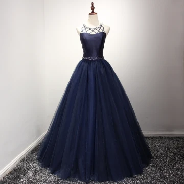 Moderne Mode Bleu Marine Robe De Bal 2017 Encolure Dégagée Sans Manches Dos Nu Bretelles Croisées Cristal Perle Faux Diamant Longue Robe Boule Volants Percé Robe De Ceremonie