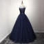 Modern / Fashion Navy Blue Prom Dresses 2017 Scoop Neck Sleeveless Backless Crossed Straps Crystal Pearl Rhinestone Floor-Length / Long Ball Gown Ruffle Pierced Formal Dresses