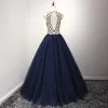 Modern / Fashion Navy Blue Prom Dresses 2017 Scoop Neck Sleeveless Backless Crossed Straps Crystal Pearl Rhinestone Floor-Length / Long Ball Gown Ruffle Pierced Formal Dresses