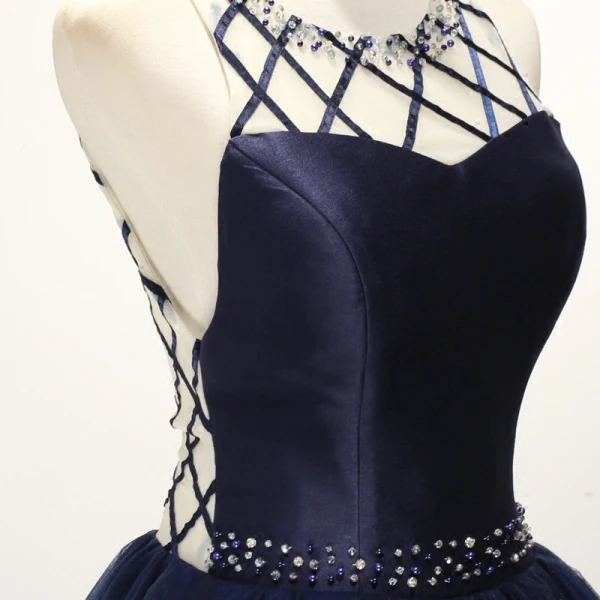 Modern / Fashion Navy Blue Prom Dresses 2017 Scoop Neck Sleeveless Backless Crossed Straps Crystal Pearl Rhinestone Floor-Length / Long Ball Gown Ruffle Pierced Formal Dresses