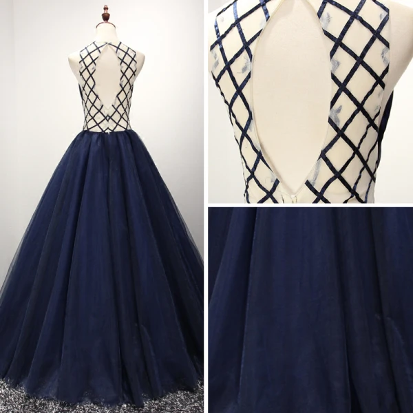 Modern / Fashion Navy Blue Prom Dresses 2017 Scoop Neck Sleeveless Backless Crossed Straps Crystal Pearl Rhinestone Floor-Length / Long Ball Gown Ruffle Pierced Formal Dresses