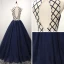 Modern / Fashion Navy Blue Prom Dresses 2017 Scoop Neck Sleeveless Backless Crossed Straps Crystal Pearl Rhinestone Floor-Length / Long Ball Gown Ruffle Pierced Formal Dresses