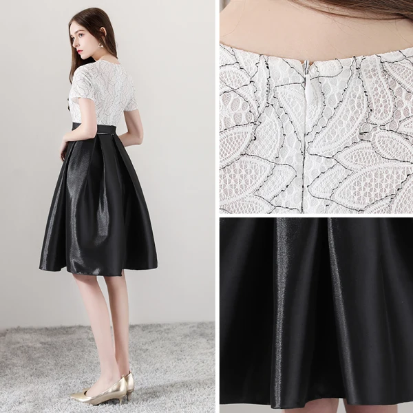 Simple Noire Blanche de retour Robe De Graduation 2018 Princesse Noeud Encolure Dégagée Manches Courtes Ceinture Mi-Longues Volants Robe De Ceremonie