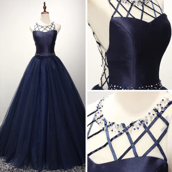 Modern / Fashion Navy Blue Prom Dresses 2017 Scoop Neck Sleeveless Backless Crossed Straps Crystal Pearl Rhinestone Floor-Length / Long Ball Gown Ruffle Pierced Formal Dresses