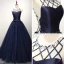 Modern / Fashion Navy Blue Prom Dresses 2017 Scoop Neck Sleeveless Backless Crossed Straps Crystal Pearl Rhinestone Floor-Length / Long Ball Gown Ruffle Pierced Formal Dresses