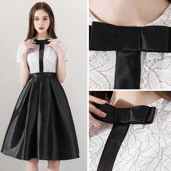 Simple Noire Blanche de retour Robe De Graduation 2018 Princesse Noeud Encolure Dégagée Manches Courtes Ceinture Mi-Longues Volants Robe De Ceremonie