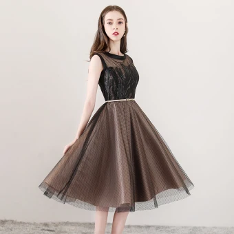 Modern Fashion Brown See Through Homecoming Graduation Dresses 2018 A Line Princess Scoop Neck Sleeveless Appliques Pierced Lace Metal Sash Knee Length Ruffle Formal Dresses