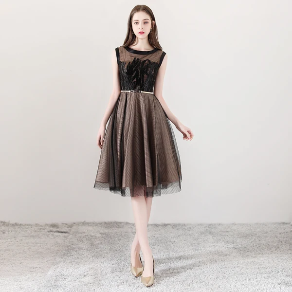 Modern / Fashion Brown See-through Homecoming Graduation Dresses 2018 A-Line / Princess Scoop Neck Sleeveless Appliques Pierced Lace Metal Sash Knee-Length Ruffle Formal Dresses