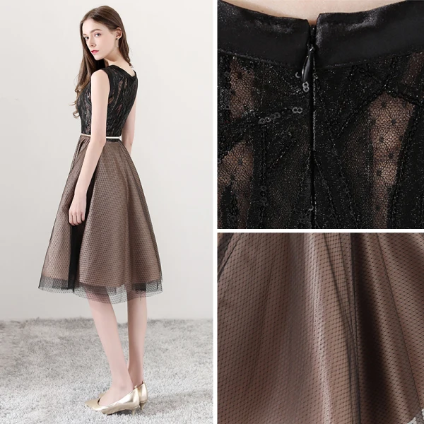 Modern / Fashion Brown See-through Homecoming Graduation Dresses 2018 A-Line / Princess Scoop Neck Sleeveless Appliques Pierced Lace Metal Sash Knee-Length Ruffle Formal Dresses