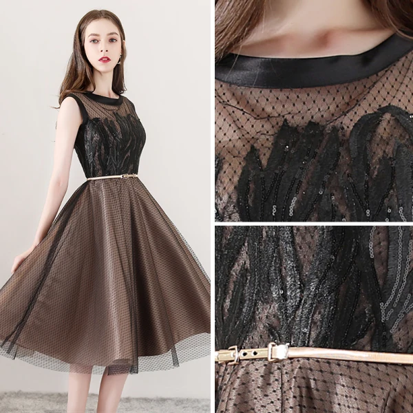 Modern / Fashion Brown See-through Homecoming Graduation Dresses 2018 A-Line / Princess Scoop Neck Sleeveless Appliques Pierced Lace Metal Sash Knee-Length Ruffle Formal Dresses