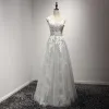 Chic / Beautiful Grey Bridesmaid Dresses 2017 A-Line / Princess Scoop Neck Sleeveless Appliques Lace Sash Glitter Tulle Ruffle Floor-Length / Long Backless Wedding Party Dresses