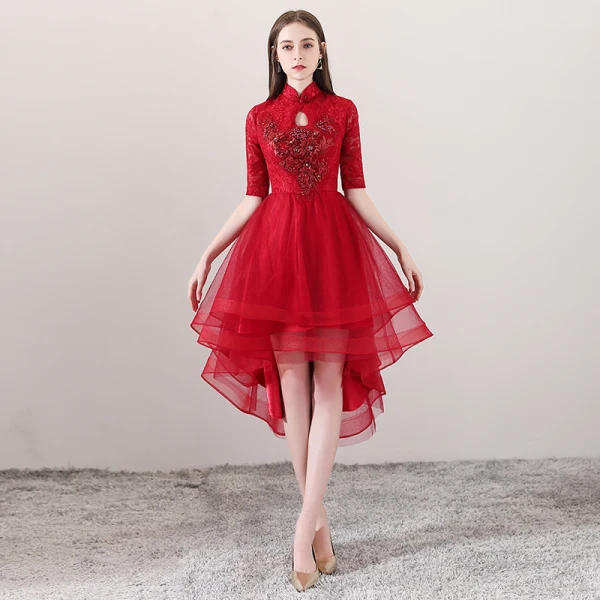 Chinese style Red Cocktail Dresses 2018 A-Line / Princess High Neck 1/2 Sleeves Pearl Rhinestone Appliques Flower Asymmetrical Ruffle Formal Dresses
