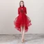 Chinese style Red Cocktail Dresses 2018 A-Line / Princess High Neck 1/2 Sleeves Pearl Rhinestone Appliques Flower Asymmetrical Ruffle Formal Dresses