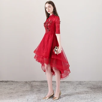 Chinese Style Red Cocktail Dresses 2018 A Line Princess High Neck 1 2 Sleeves Pearl Rhinestone Appliques Flower Asymmetrical Ruffle Formal Dresses