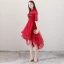 Chinese style Red Cocktail Dresses 2018 A-Line / Princess High Neck 1/2 Sleeves Pearl Rhinestone Appliques Flower Asymmetrical Ruffle Formal Dresses