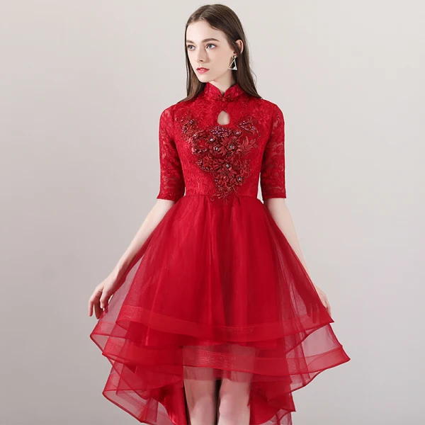 Chinese style Red Cocktail Dresses 2018 A-Line / Princess High Neck 1/2 Sleeves Pearl Rhinestone Appliques Flower Asymmetrical Ruffle Formal Dresses