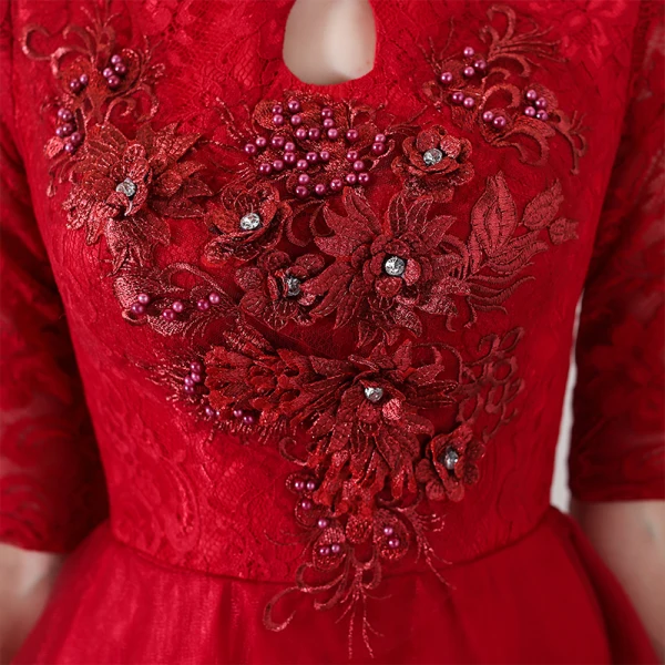 Chinese style Red Cocktail Dresses 2018 A-Line / Princess High Neck 1/2 Sleeves Pearl Rhinestone Appliques Flower Asymmetrical Ruffle Formal Dresses