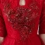 Chinese style Red Cocktail Dresses 2018 A-Line / Princess High Neck 1/2 Sleeves Pearl Rhinestone Appliques Flower Asymmetrical Ruffle Formal Dresses