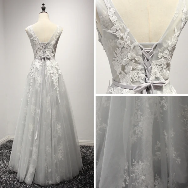 Chic / Beautiful Grey Bridesmaid Dresses 2017 A-Line / Princess Scoop Neck Sleeveless Appliques Lace Sash Glitter Tulle Ruffle Floor-Length / Long Backless Wedding Party Dresses