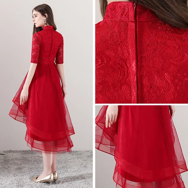 Chinese style Red Cocktail Dresses 2018 A-Line / Princess High Neck 1/2 Sleeves Pearl Rhinestone Appliques Flower Asymmetrical Ruffle Formal Dresses