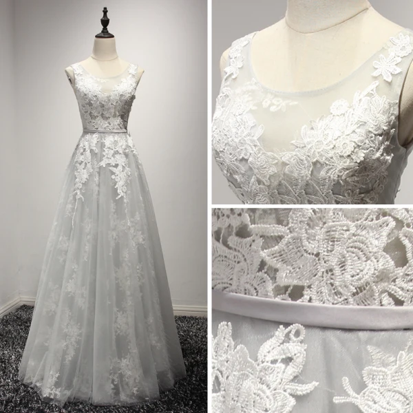 Chic / Beautiful Grey Bridesmaid Dresses 2017 A-Line / Princess Scoop Neck Sleeveless Appliques Lace Sash Glitter Tulle Ruffle Floor-Length / Long Backless Wedding Party Dresses