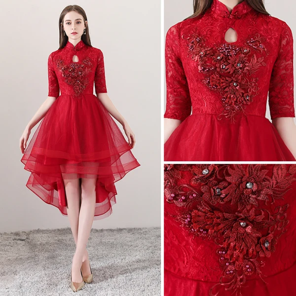 Chinese style Red Cocktail Dresses 2018 A-Line / Princess High Neck 1/2 Sleeves Pearl Rhinestone Appliques Flower Asymmetrical Ruffle Formal Dresses