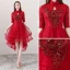 Chinese style Red Cocktail Dresses 2018 A-Line / Princess High Neck 1/2 Sleeves Pearl Rhinestone Appliques Flower Asymmetrical Ruffle Formal Dresses
